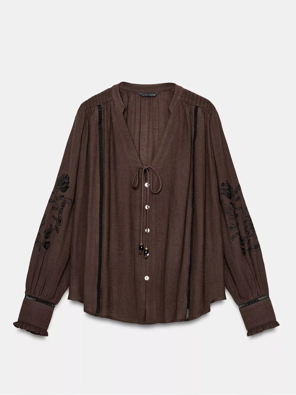 Zara Dark Brown Embroidered Tie-Neck Peasant Blouse